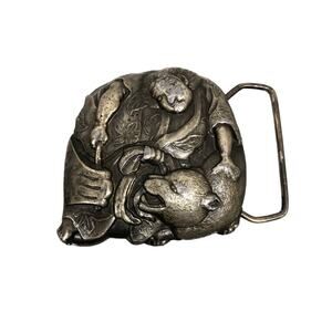 Vintage Bergamot Brass Works Bear Hunter Bult Buckle Pewter Tone USA